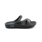 The Sovella Women's PF Slide Black by SOVELLA is a black recovery sandal with three straps and a thick, textured sole for comfortable cushioning, shown from the side on a plain white background.