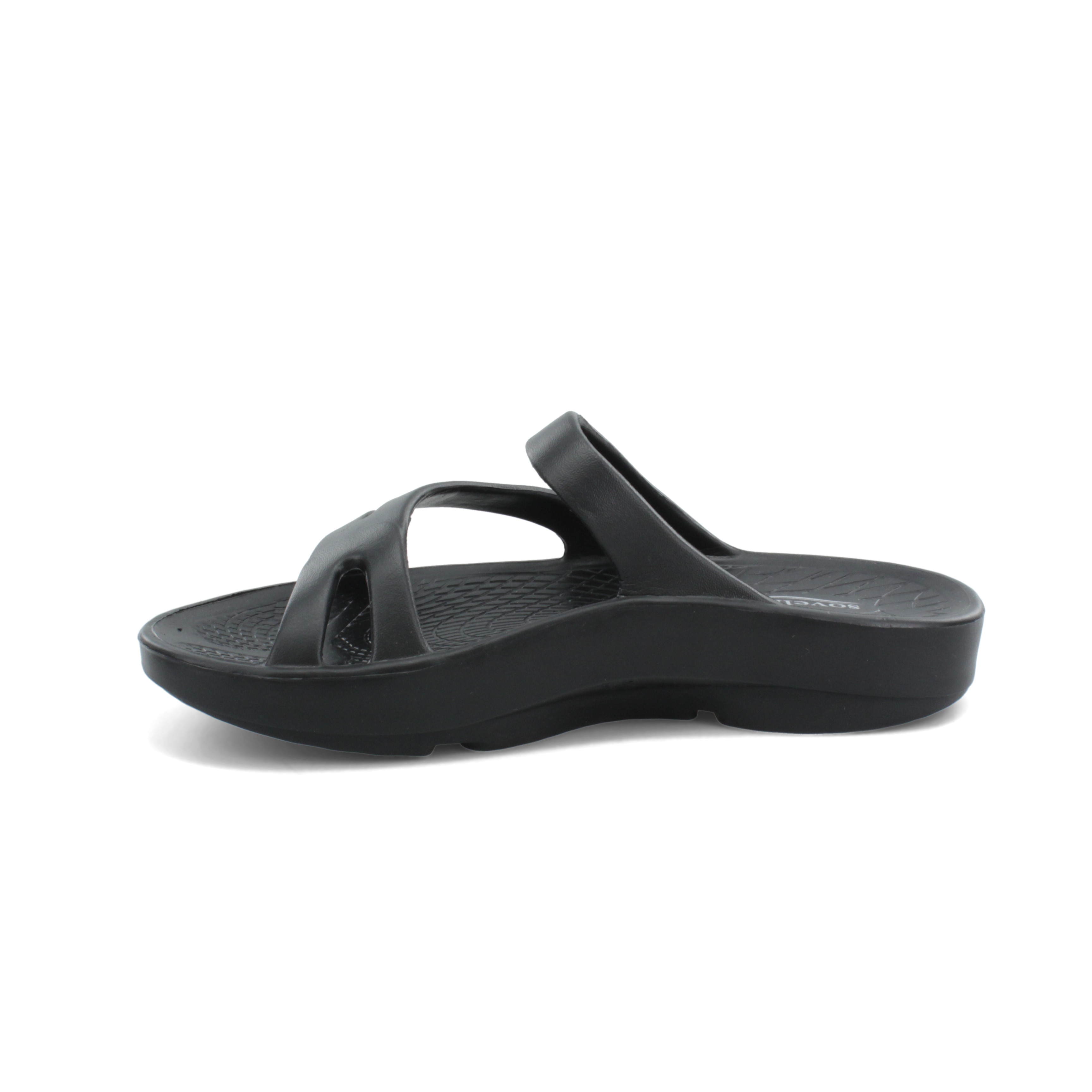 The SOVELLA Sovella Women's PF Slide Black is a black slip-on sandal with two wide straps and a thick, textured cushioned sole, shown from the side against a plain white background.