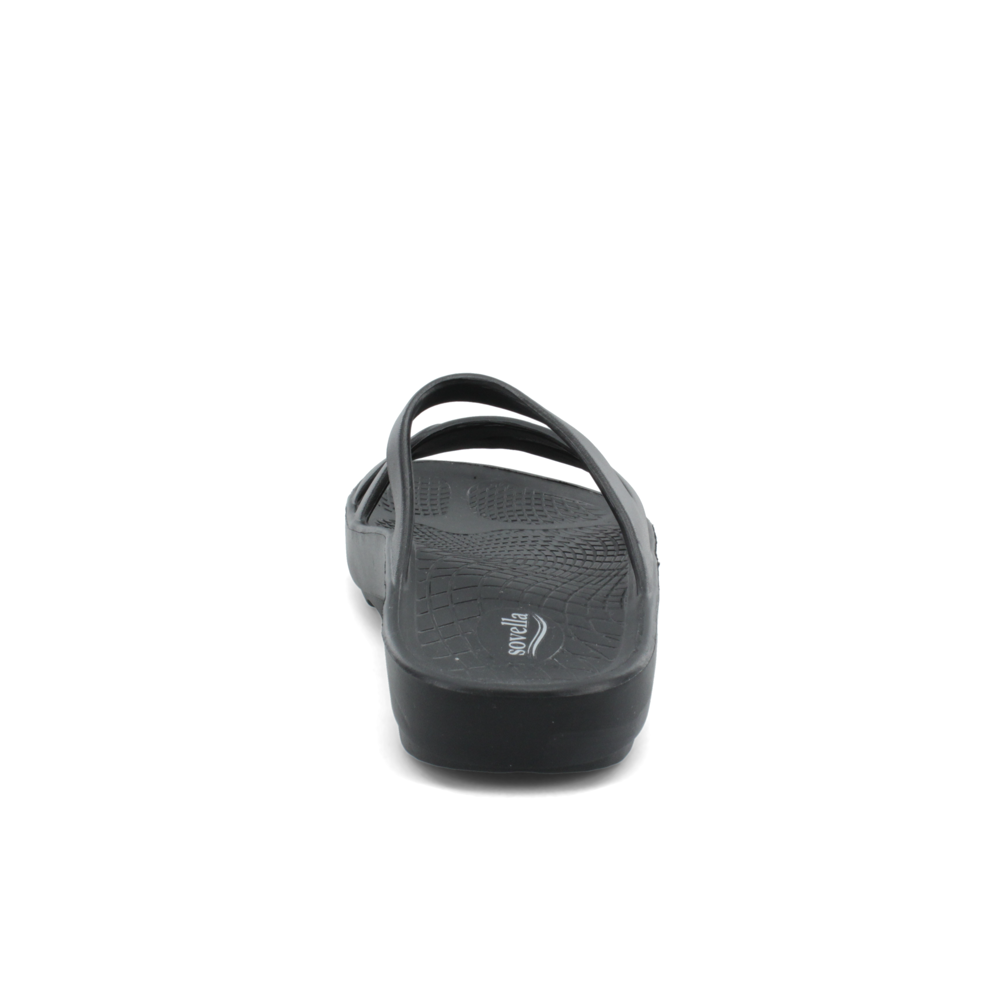 The SOVELLA Sovella Women's PF Slide Black is shown from the back, highlighting its textured, cushioned footbed and simple strap design on a plain white background.