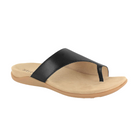 STRIVE Strive Womens Capri III Black: A single womens comfort sandal with a tan sole, Wide black leather strap, and toe loop design, shown on a white background.