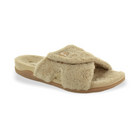 The Strive Womens Zoey Nude by STRIVE is a beige, open-toe slipper sandal with fuzzy textured fabric, a thick sole, arch support, and a Wide adjustable strap with logo—offering comfort and style in every step.