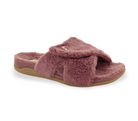 The Strive Womens Zoey Pink by STRIVE is a single mauve orthopedic open-toe slipper with a plush fuzzy texture, tan rubber sole, overlapping strap design, and a small circular logo on top.