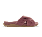 The Strive Womens Zoey Pink by STRIVE is a cozy, mauve slipper sandal with two Wide straps, open toe, and thick tan rubber sole—perfect arch support slippers for comfort seekers.