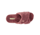 The Strive Womens Zoey Pink slipper by STRIVE features a mauve fuzzy design with a Wide strap, open toe, circular logo on the strap, and strv label on the insole—crafted for cozy arch support.