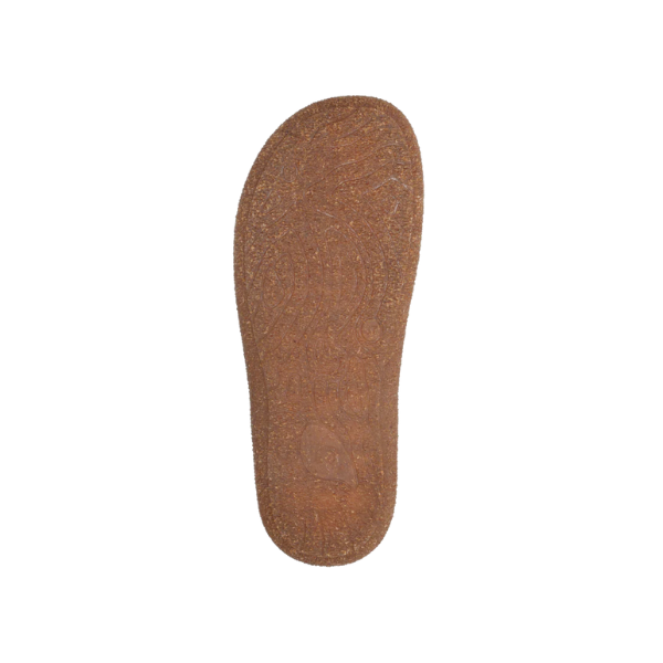 The Taos Women's Ultimate Leather Mary Jane Grey from TAOS features a brown cork insole with a contoured, textured surface for arch support, offering orthotic-friendly comfort. Shown from above against a white background.