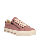 The TAOS Womens Z Soul Dusty Rose/Wine sneaker features pink suede, white laces, a white rubber sole with maroon stripe, a decorative side zipper, and a Curves & Pods footbed for plantar fasciitis comfort.