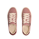 A pair of TAOS Womens Z Soul sneakers in Dusty Rose/Wine with white laces, beige striped insoles, side zippers, and Curves & Pods footbeds for plantar fasciitis comfort, shown from above.