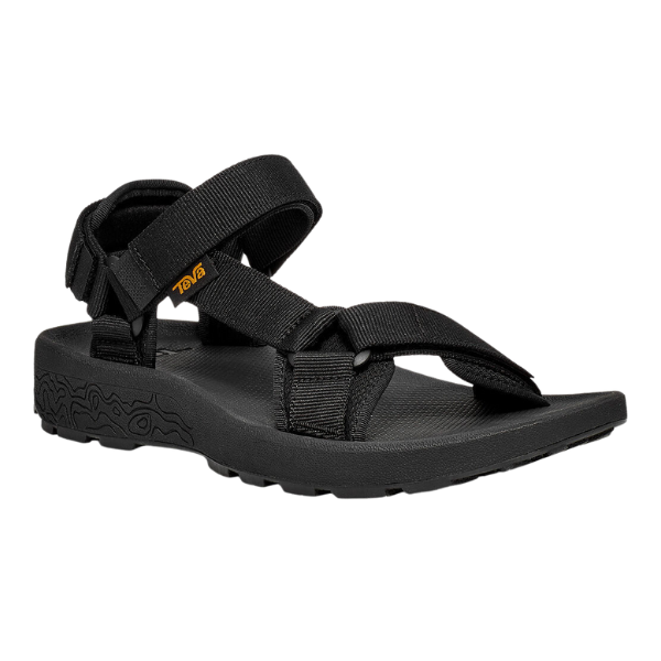 The Teva Mens Hydratrek Sandal in black features adjustable straps, a textured sole with advanced traction, and is ideal for outdoor or casual wear.