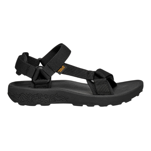 The Teva Mens Hydratrek Sandal in black features adjustable straps, a textured sole made from recycled Spider Rubber, a secure heel strap, open-toe design, and an orange logo—making it ideal for outdoor activities.