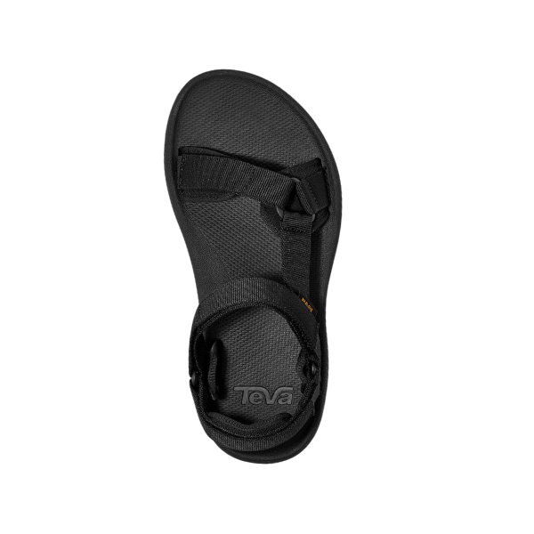 The Teva Mens Hydratrek Sandal in black showcases a textured footbed, adjustable hook-and-loop ankle strap, diagonal front strap, and eco-friendly Spider Rubber outsole for advanced traction.