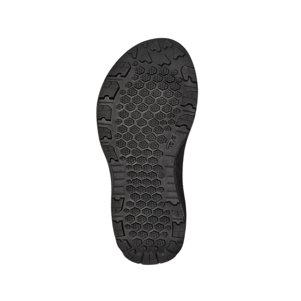 The Teva Mens Hydratrek Sandal Black features a black hexagon-patterned rubber sole with rugged tread, made from recycled Spider Rubber by Teva and shown on a white background.