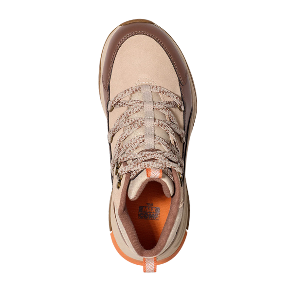 Top view of the Teva Womens Auroris sneaker in Feather Grey/Acorn with orange accents and patterned laces; MAX GRIP appears on the tongue, and a rugged design plus MAX-COMF insole provide comfort for outdoor adventures.