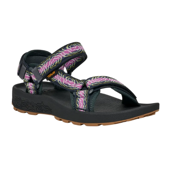 The Teva Womens Hydratrek Sandal Black/Purple features adjustable quick-dry webbing straps in purple, pink, and green, a textured recycled Spider Rubber sole, and an open toe and heel—ideal for hiking or casual wear.