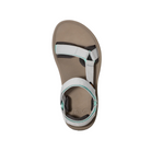 The Teva Womens Hydratrek Sandal in White/Taupe features adjustable light gray recycled polyester straps and a black sole, shown from above on a white background.