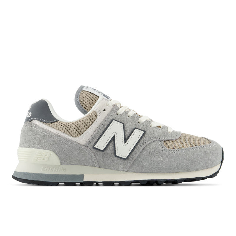 NEW BALANCE Unisex 574 Grey/Beige sneaker with suede and mesh upper and ENCAP cushioned midsole, side view.