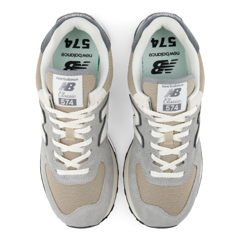 NEW BALANCE Unisex 574 Grey/Beige lace-up sneaker with padded collar and side N logo, detail view.