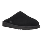 The UGG Mens Classic Slip-On Black, crafted from signature suede and sheepskin, features a closed toe, open heel, flat sole, subtle UGG branding, and delivers lasting comfort.
