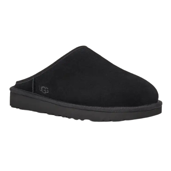 The UGG Mens Classic Slip-On Black, crafted from signature suede and sheepskin, features a closed toe, open heel, flat sole, subtle UGG branding, and delivers lasting comfort.