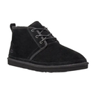 The UGG Mens Neumel Black by UGG is a black suede chukka boot featuring black laces, subtle side stitching, a textured sole, and crafted with sustainable materials. Photographed against a white background.