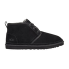 The UGG Mens Neumel Black is a suede boot with a lace-up front, low ankle height, back pull loop, flat rubber sole, visible stitching, and cozy UGGplush lining for comfort.