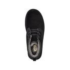 Top-down view of the UGG Mens Neumel Black boot, a black suede lace-up with grey, fluffy UGGplush lining made from sustainable materials and a visible UGG logo on the insole.
