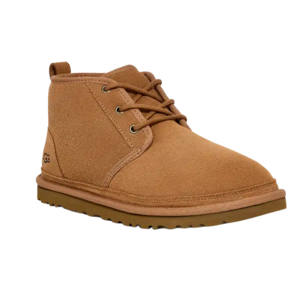 The UGG Mens Neumel Chestnut, shown on a white background, is a tan suede chukka boot with brown laces, a rubber sole, small heel loop, and features soft suede plus an UGGplush wool lining for comfort.