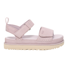The UGG Womens Goldenstar Bay Fog sandal features a light pink platform, thick beige sole, adjustable ankle and toe straps, visible stitching, a flat textured outsole, closed heel strap with pull tab—ideal for reducing foot pain.