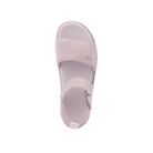 The UGG Womens Goldenstar Bay Fog sandal in light pink features a Wide front strap, adjustable ankle strap, cushioned sole to reduce foot pain, and an embossed UGG logo on the side, shown from above against a white background.
