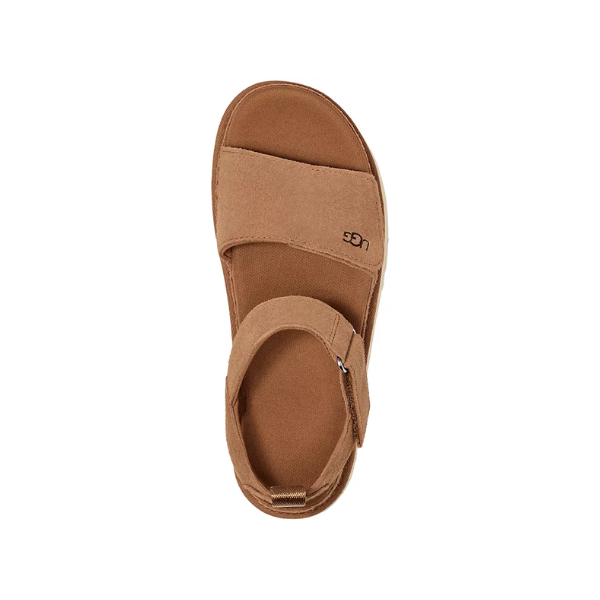 The UGG Womens Goldenstar Chestnut platform sandal, shown from above on a white background, features a thick strap across the toes and adjustable hook-and-loop ankle straps.