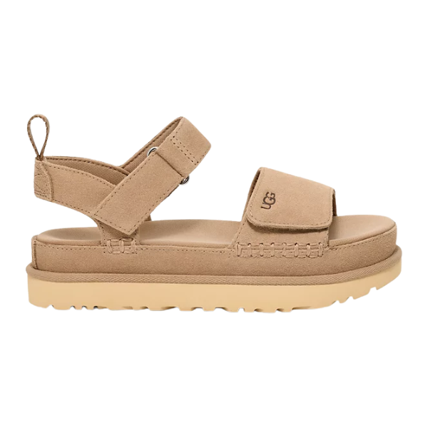 The UGG Womens Goldenstar Sand features tan suede, a thick beige rubber platform sole, Wide velcro straps at toe and ankle, side stitching, and a front UGG logo—combining stylish comfort with foot pain relief.