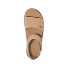 Top view of the UGG Womens Goldenstar Sand platform sandal in tan, featuring a Wide toe strap, adjustable ankle strap, and UGG logo on the side. This minimalist design delivers style and foot pain relief.