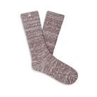 The UGG Women's Rib Knit Slouchy Crew Socks in brown feature a marled rib knit design, a ribbed cuff, and a small fabric tag near the top, displayed side by side on a white background.