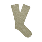 The UGG Women's Rib Knit Slouchy Crew Sock in light olive green features a small fabric tag near the top and is shown against a white background.