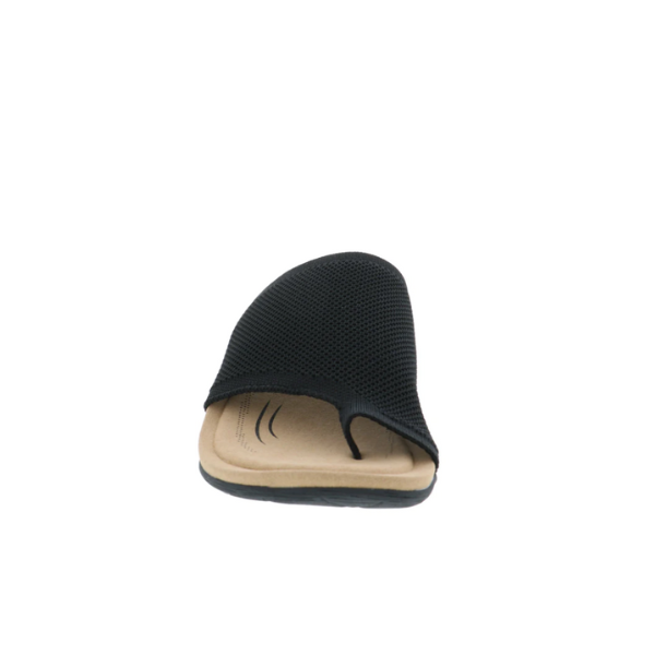 The BIZA FOOTWEAR Biza Womens Lavish Black sandal is shown from the front on a white background, featuring a textured stretch knit upper, open toe design, and a beige comfort footbed with curved lines.