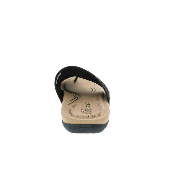 The Biza Womens Lavish Black sandal by BIZA FOOTWEAR is shown from the back on a white background, featuring a black sporty design and tan comfort footbed with the brand name printed on the insole.