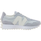 NEW BALANCE Women's 327 Zinc/Sea Salt sneaker, suede and nylon upper with oversized N logo, angled side view.