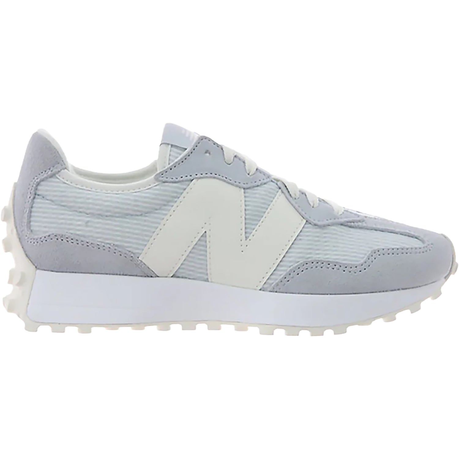 NEW BALANCE Women's 327 Zinc/Sea Salt sneaker, suede and nylon upper with oversized N logo, angled side view.