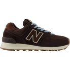 NEW BALANCE Women's 574 Black Coffee/Angora suede sneaker with mesh panels and a white ENCAP midsole.