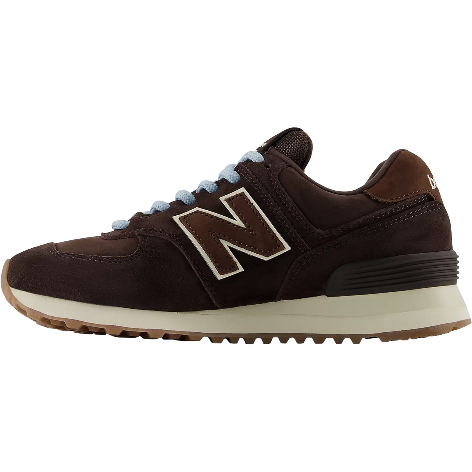 New Balance Women's 574 Black Coffee/Angora sneaker, suede and mesh upper with a removable insole for orthotics.