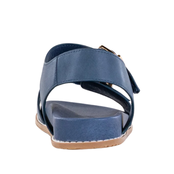 Rear view of the ZIERA Womens Hastice Blue Leather sandal, featuring a heel strap, brown sole, visible edge stitching—designed for comfort and foot pain relief.
