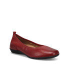 The Taos Womens Chit Chat Red by TAOS is a single red leather skimmer flat with a rounded toe, low black textured sole, subtle stitching, and an orthotic-friendly design, displayed on a white background.