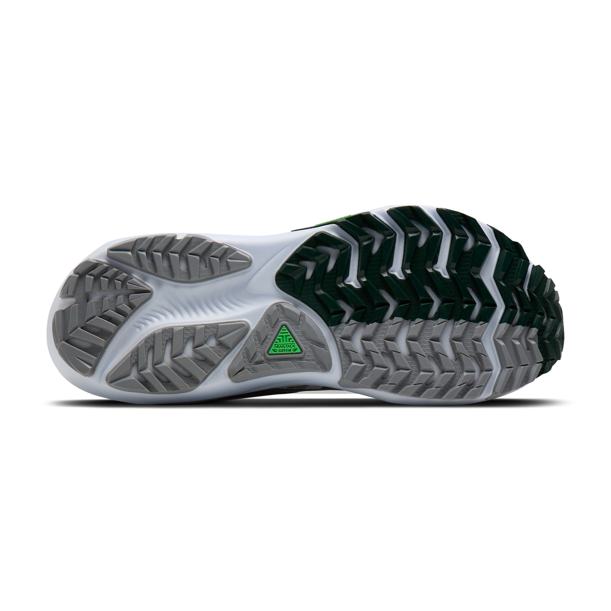 BROOKS Men's Ghost Trail White/Grey trail shoe, TrailTack Green rubber outsole with 3mm lugs, bottom view.