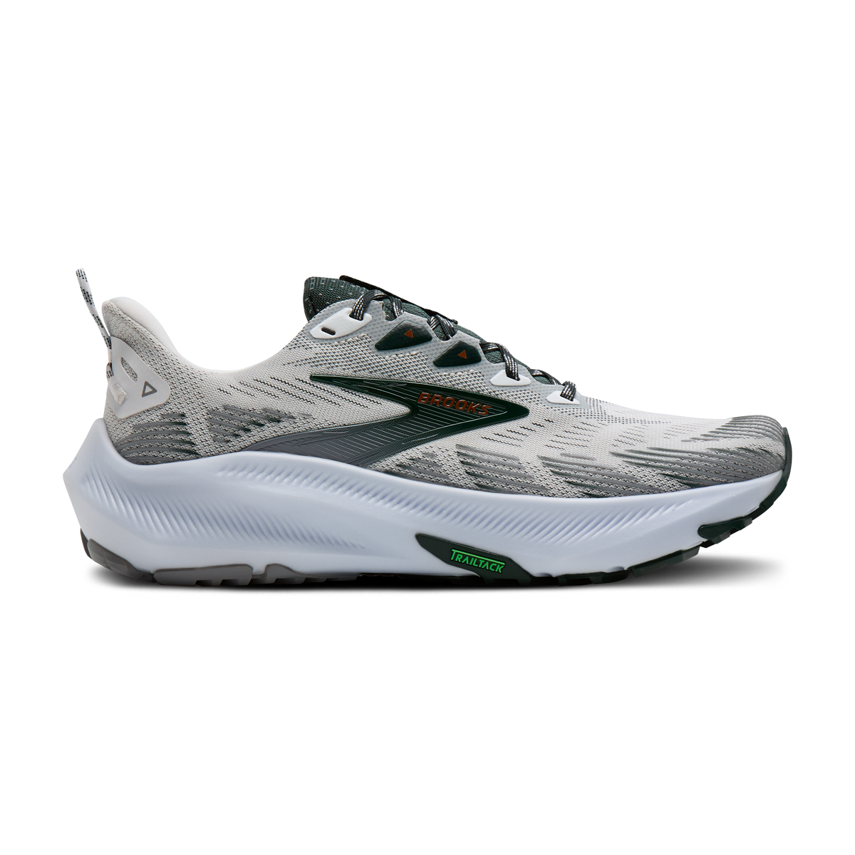 BROOKS Men's Ghost Trail White/Grey trail running shoe, air mesh upper, printed toe cap, side profile view.
