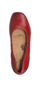 Top view of the TAOS Taos Womens Chit Chat Red leather skimmer flat, featuring a rounded toe, tan cushioned insole with floral print, and an orthotic-friendly design for added comfort.