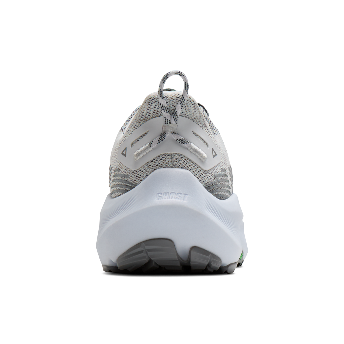 BROOKS Men's Ghost Trail White/Grey trail running shoe, heel counter and cushioned collar, rear angled view.