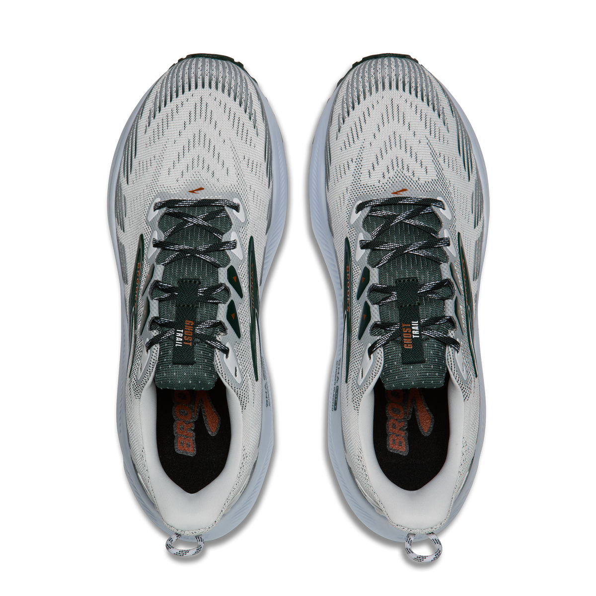BROOKS Men's Ghost Trail White/Grey trail running shoe, laced mesh upper and padded tongue, top-down view.