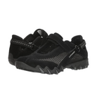 The Allrounder Womens Niro Black by ALLROUNDER features black mesh slip-on athletic shoes with adjustable Velcro straps and rugged rubber soles, designed for foot comfort. One shoe faces forward, the other displays the heel and side.