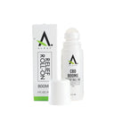 A white bottle of Aleaf Roll On 800MG by A LEAF, cap off, stands beside its box. Both display matching branding and product info, highlighting menthol for fast foot pain relief.