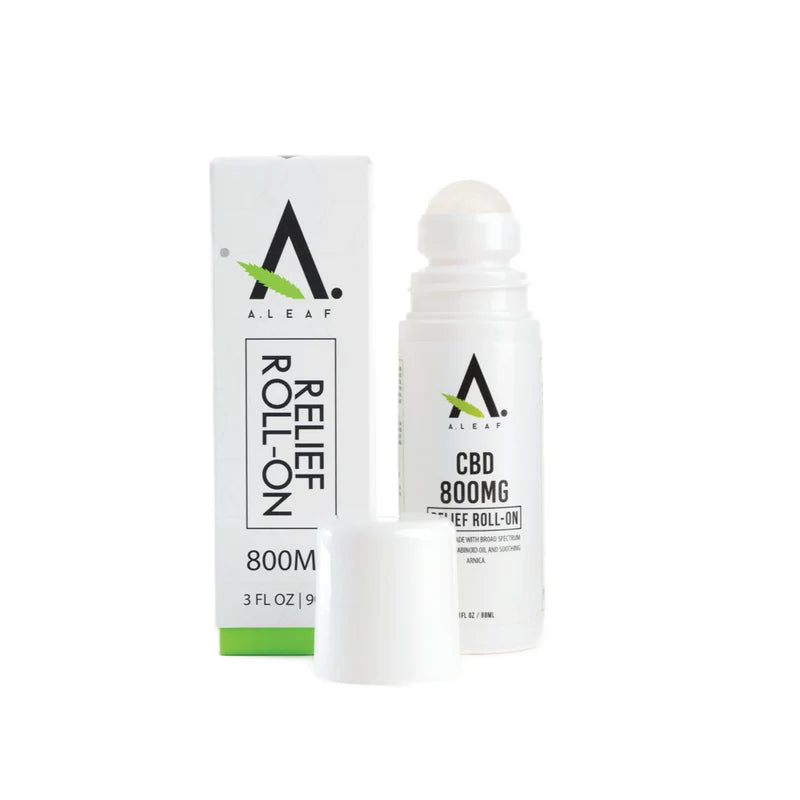 A white bottle of Aleaf Roll On 800MG by A LEAF, cap off, stands beside its box. Both display matching branding and product info, highlighting menthol for fast foot pain relief.