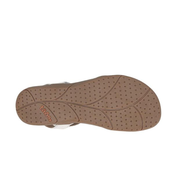 The image shows the bottom view of the Taos Womens Trophy 2 Icee sandal by TAOS, featuring a brown textured rubber sole with grip dots, arch support, and the TAOS logo near the heel—ideal for comfort seekers.